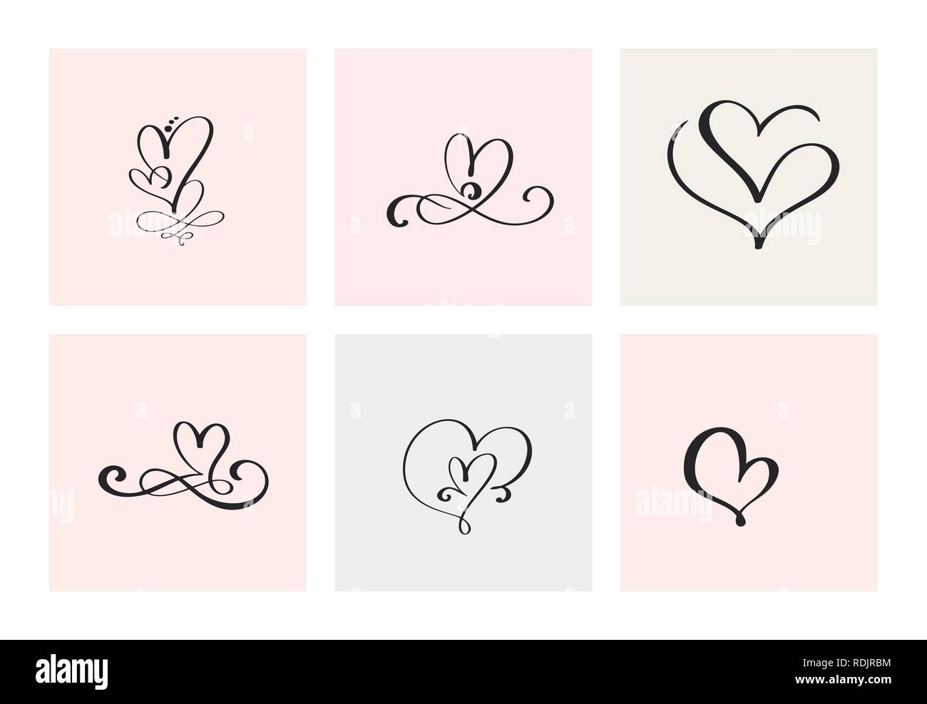Set of six vintage Vector Valentines Day Hand Drawn Calligraphic Hearts ...