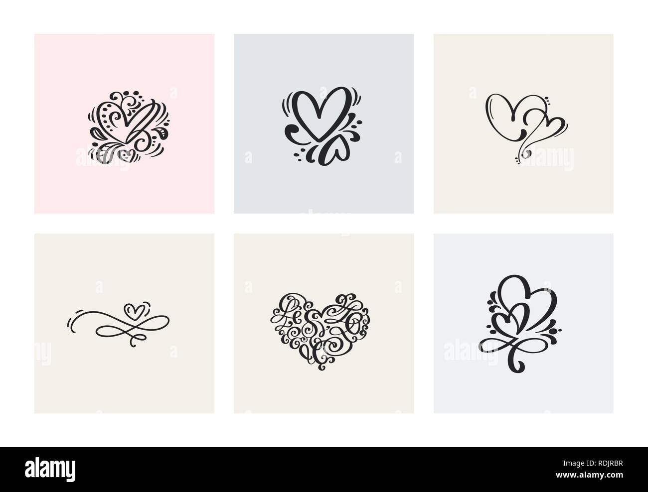 Set of six vintage Vector Valentines Day Hand Drawn Calligraphic Hearts ...