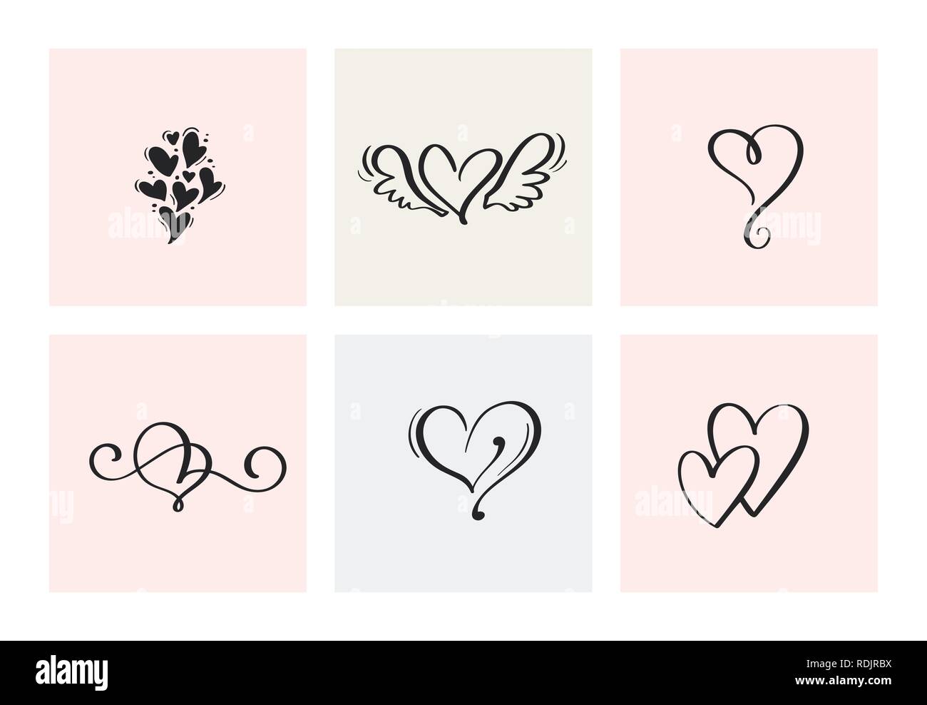 Set of six vintage Vector Valentines Day Hand Drawn Calligraphic Hearts ...