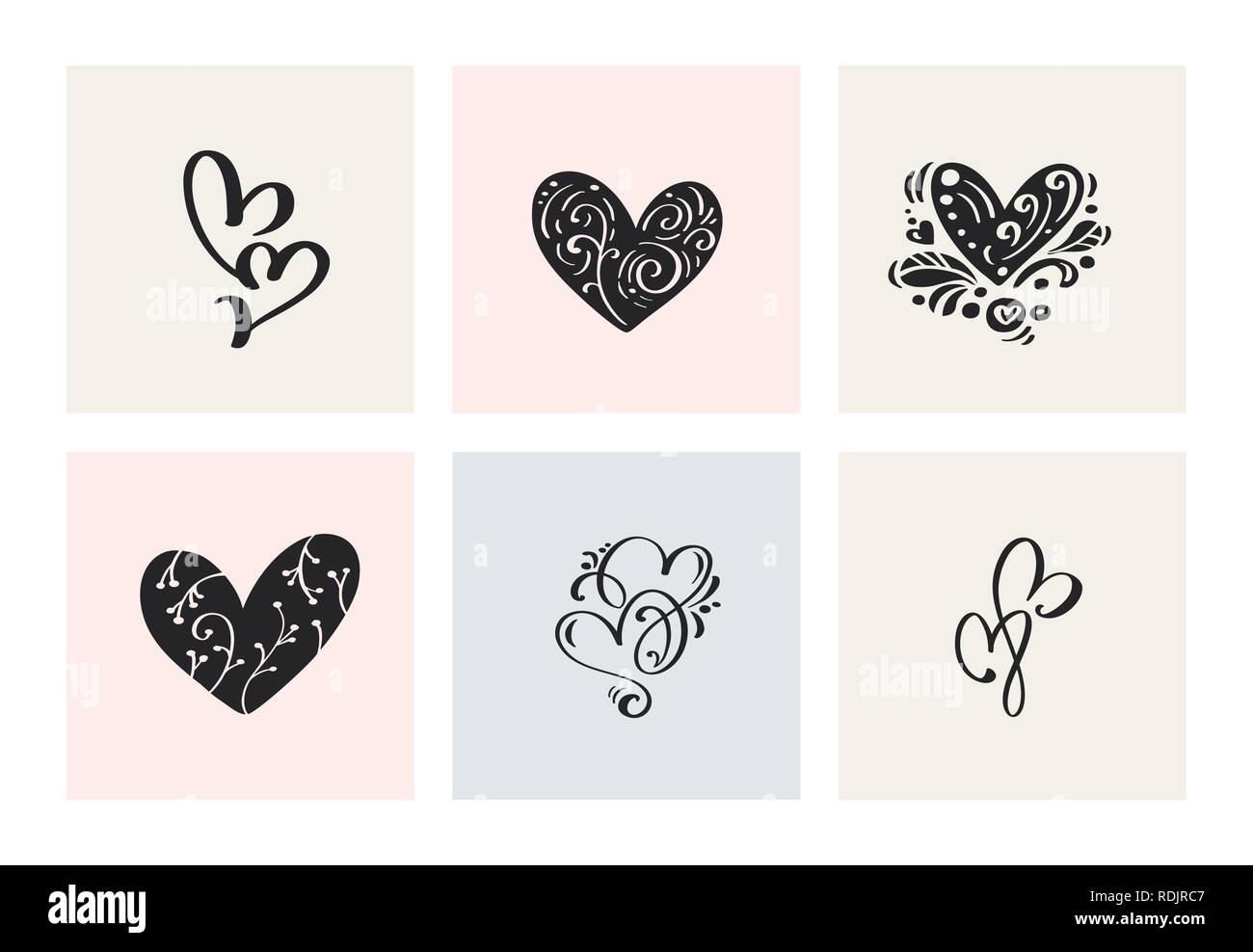 Set of six vintage Vector Valentines Day Hand Drawn Calligraphic Hearts ...