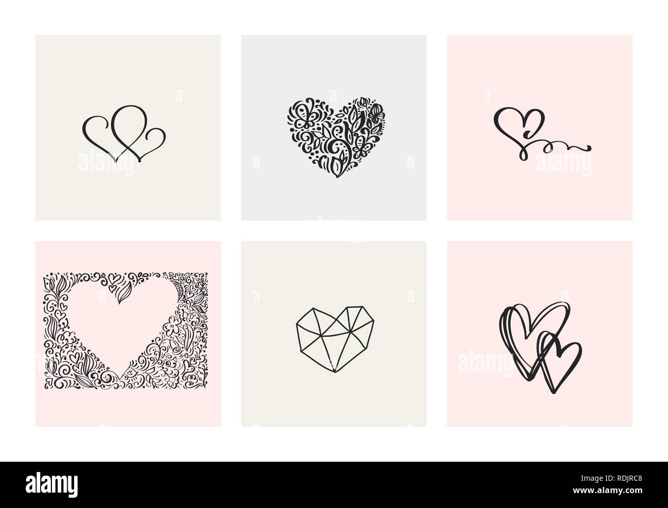 Set of six vintage Vector Valentines Day Hand Drawn Calligraphic Hearts ...