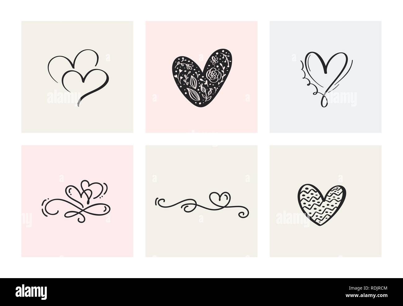 Set of six vintage Vector Valentines Day Hand Drawn Calligraphic Hearts ...