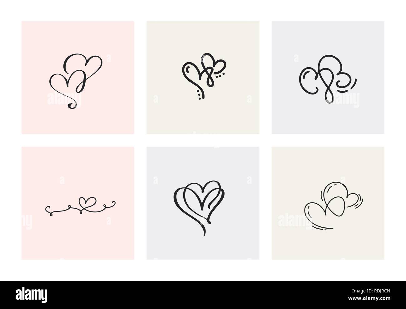 Set of six vintage Vector Valentines Day Hand Drawn Calligraphic Hearts ...