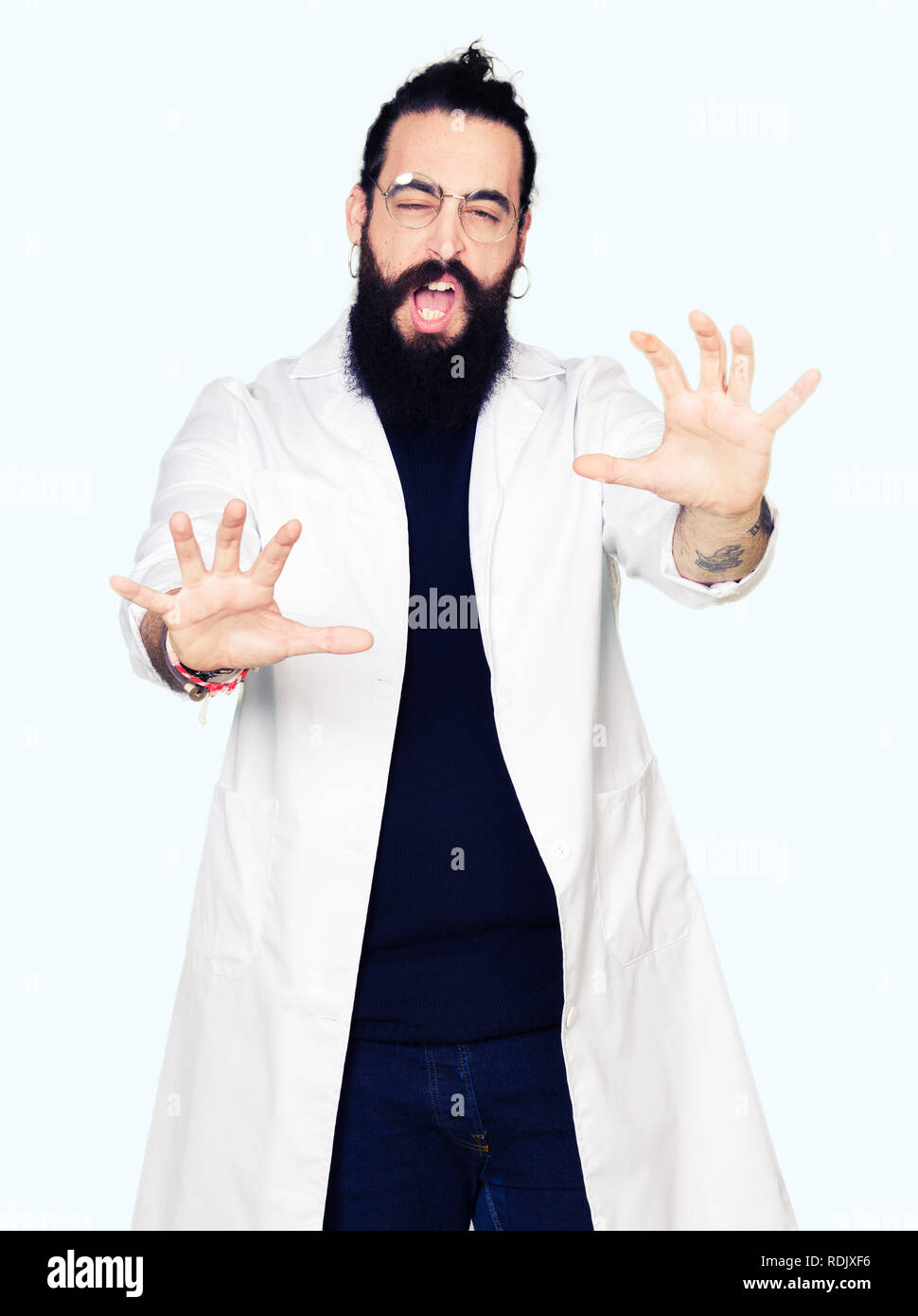 Doctor Therapist Man With Long Hair And Bear Wearing White Coat