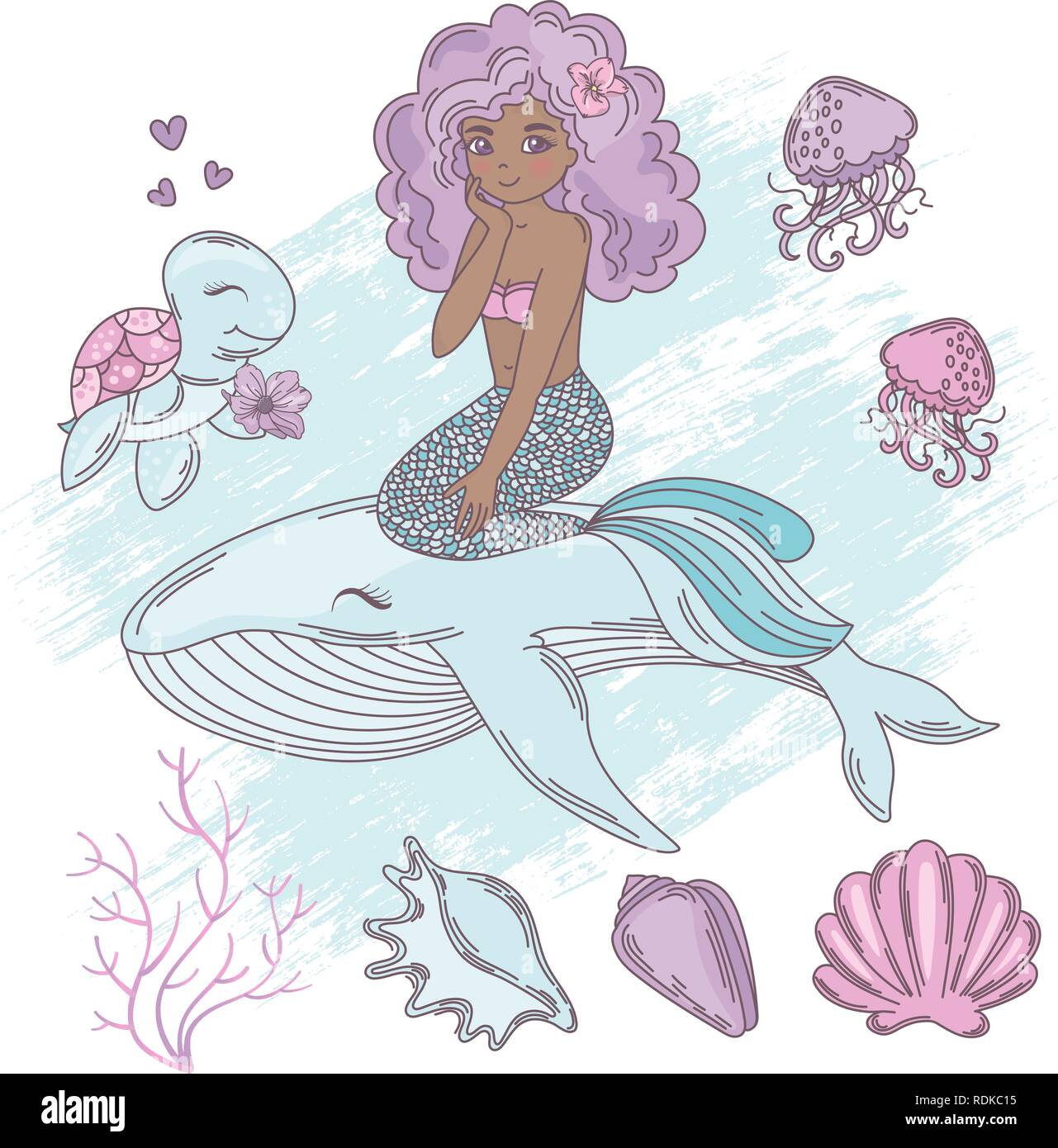 MERMAID WHALE Cartoon Travel Tropical Vector Illustration Set for Print ...