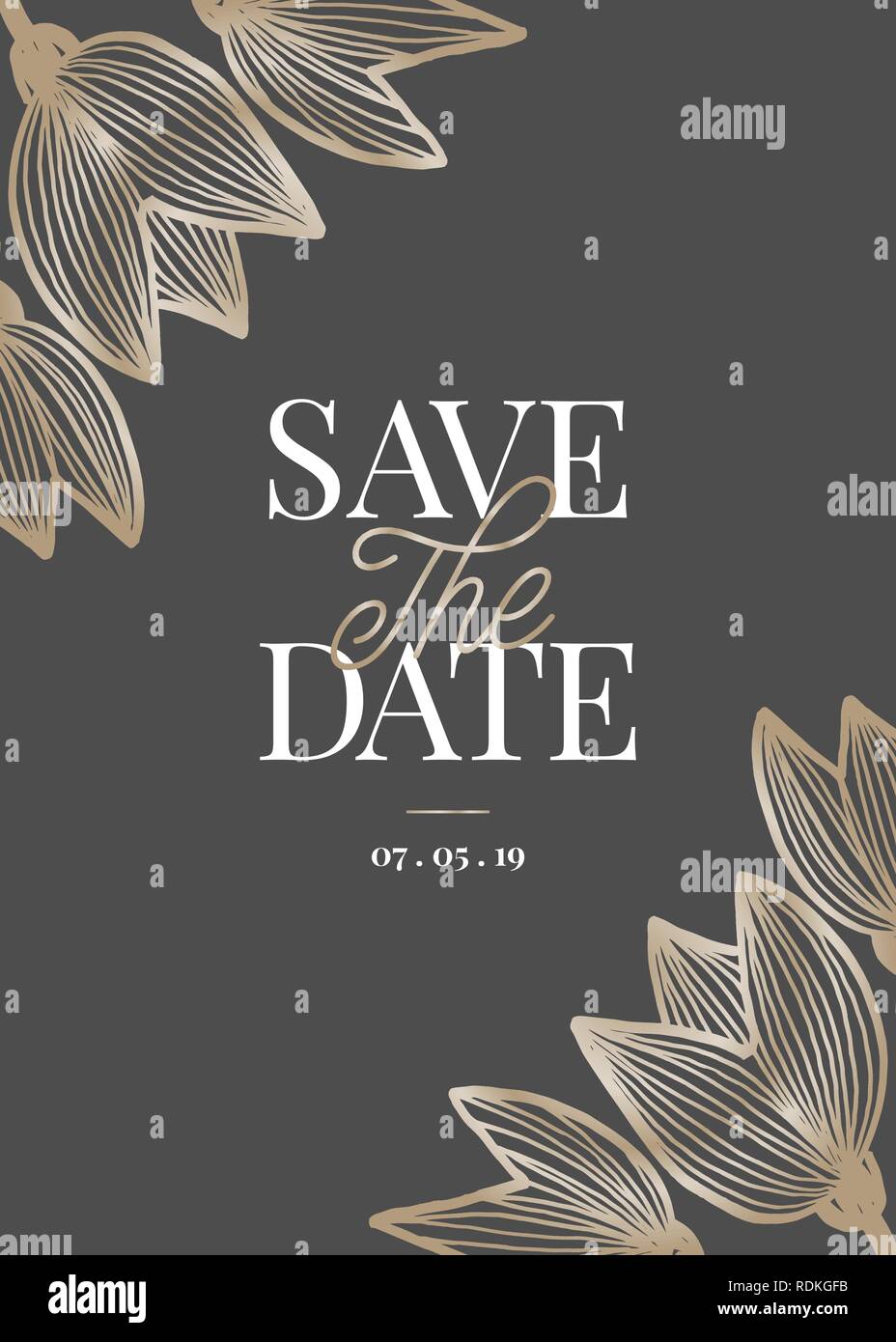 Save The Date Template With Golden Tulip Blossoms And Sample Text Layout On Dark Gray Background Elegant And Creative Vector Wedding Invitation Brid Stock Vector Image Art Alamy