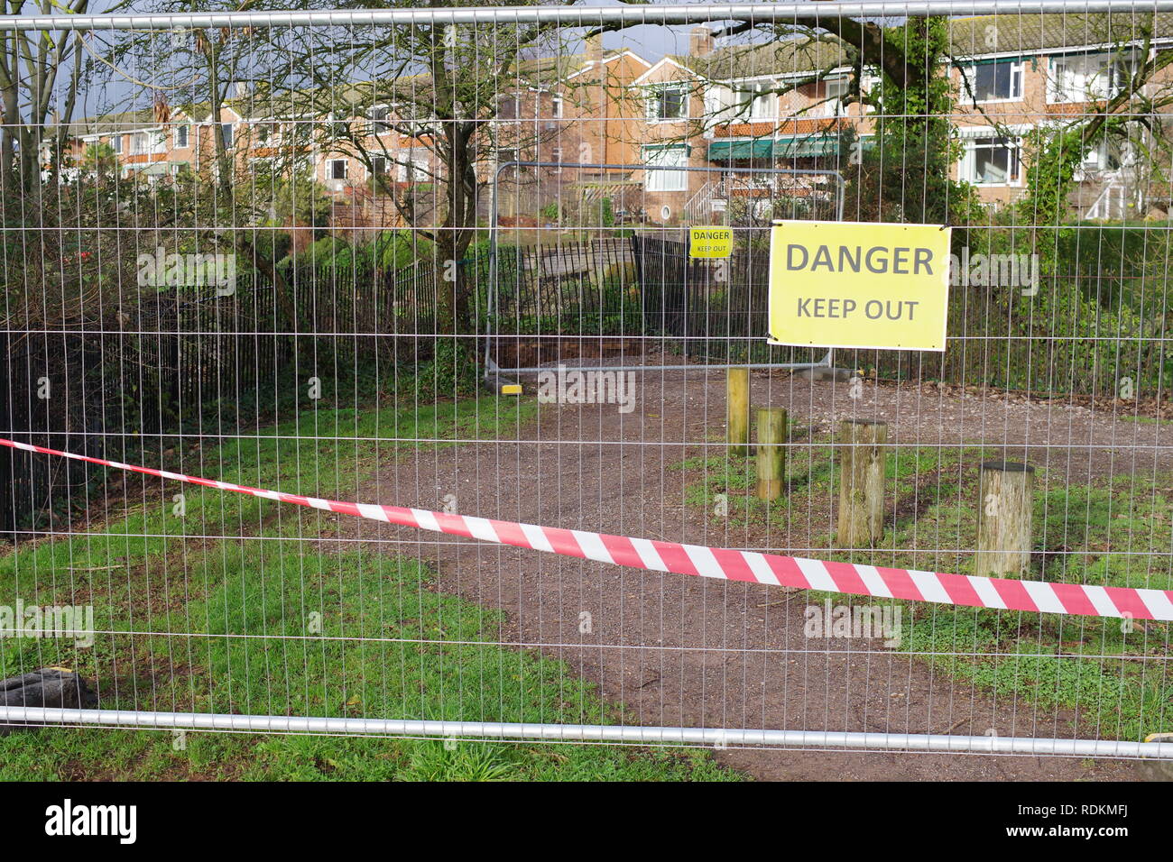 Police / Council Exclusion Hole around 'Exeter Sinkhole' Cause by River Erosion at St James Weir, Salmon Pool. River Exe, Exeter, Devon, UK. Winter. Stock Photo