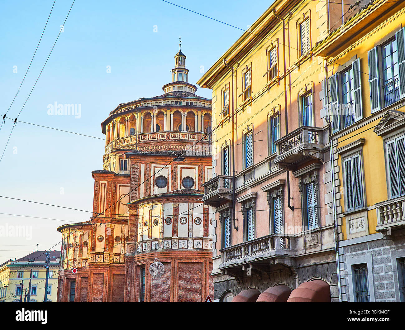 Corso Magenta street with the dome of the Basilica di Santa Maria delle Grazie in the background. Milan, Lombardy, Italy. Stock Photo