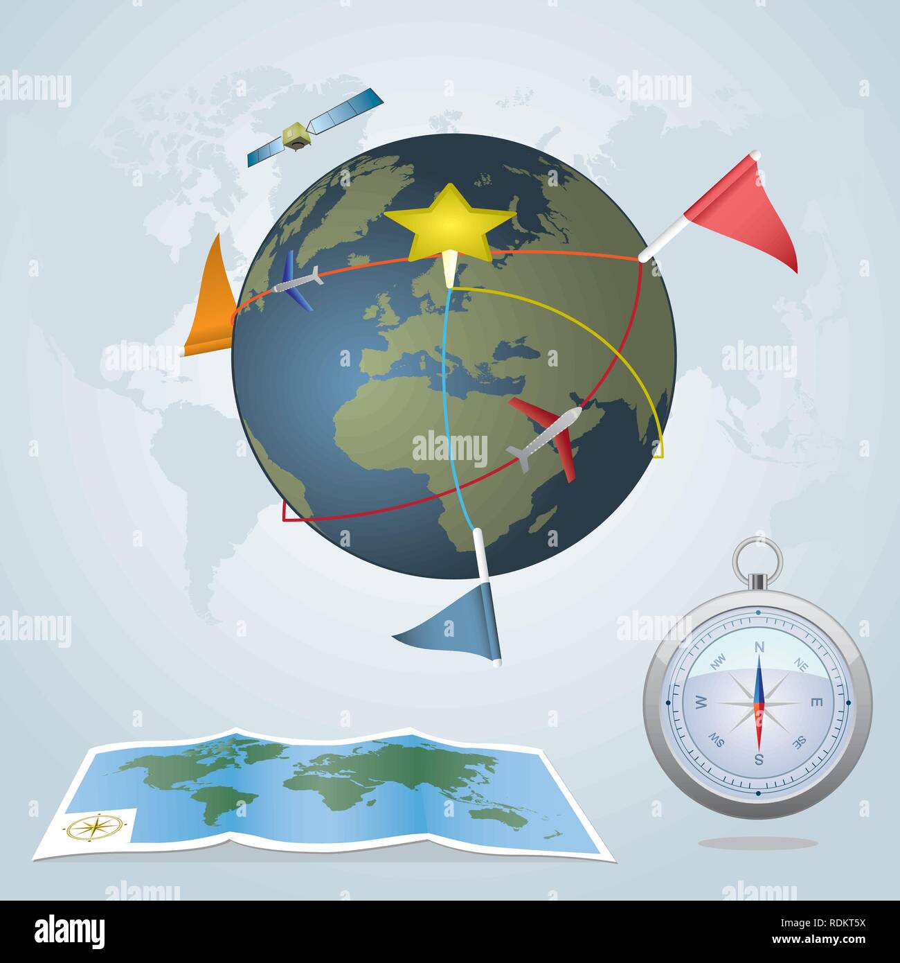 Travel concept. Globe with routes with flags and marks. Paper map and