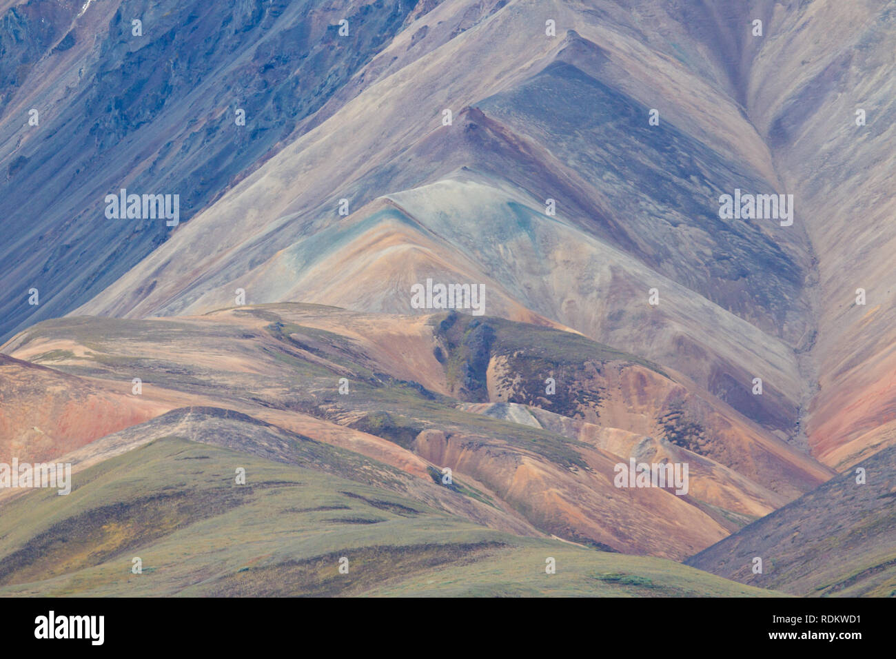 Multicolored tundra dominates the landscape at higher elevations of Denalli National Park and Preserve in Alaska including here at Polychrome Pass. Stock Photo