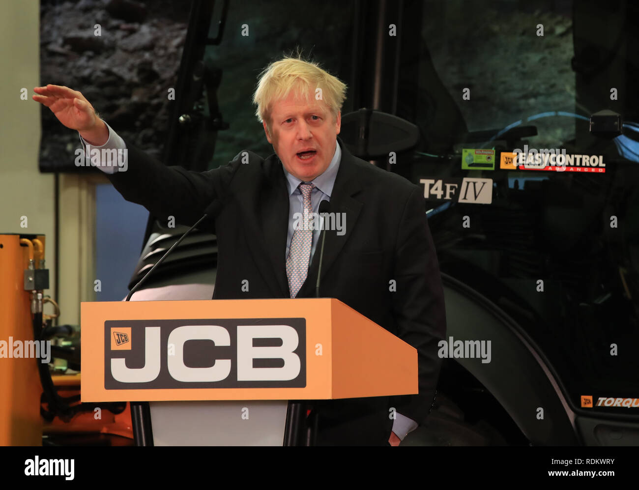 Boris Johnson speaking at the headquarters of JCB in Rocester