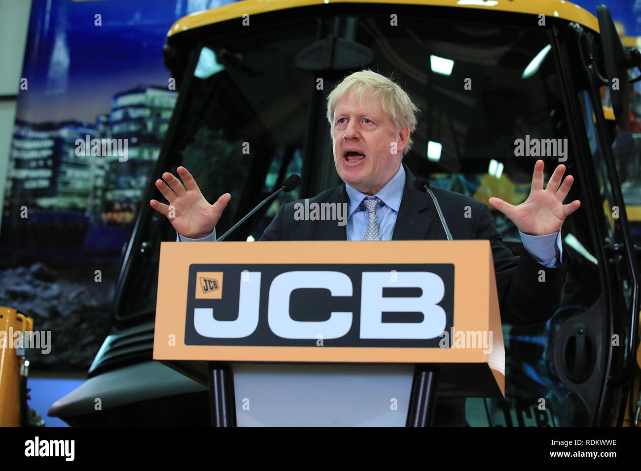 Boris Johnson speaking at the headquarters of JCB in Rocester