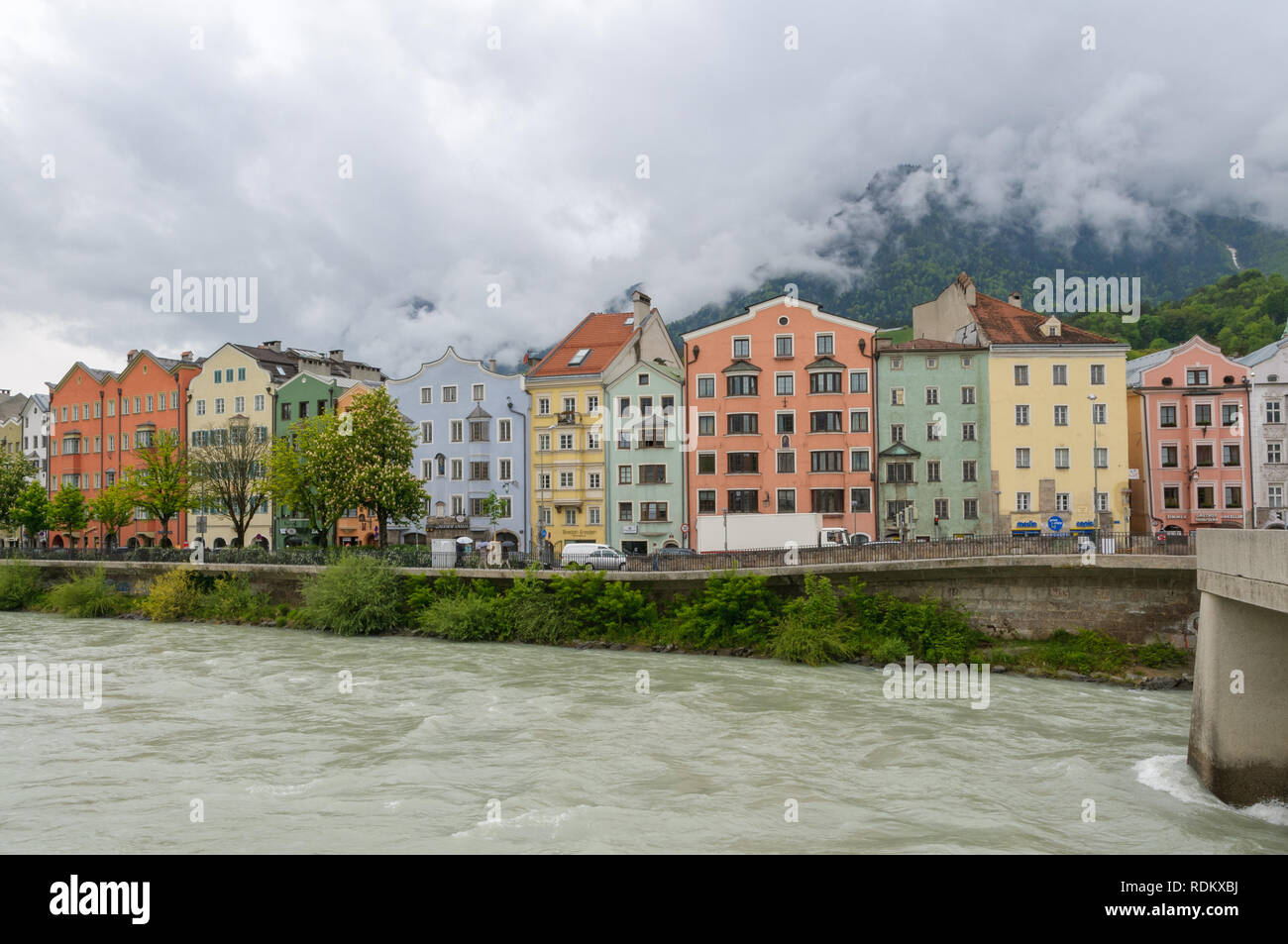 INNSBRUCK, AUSTRIA - MAY 11, 2013: The famous colorful houses at the Mariahilfstrasse near the historic town centre of Innsbruck, Austria on May 11, 2 Stock Photo