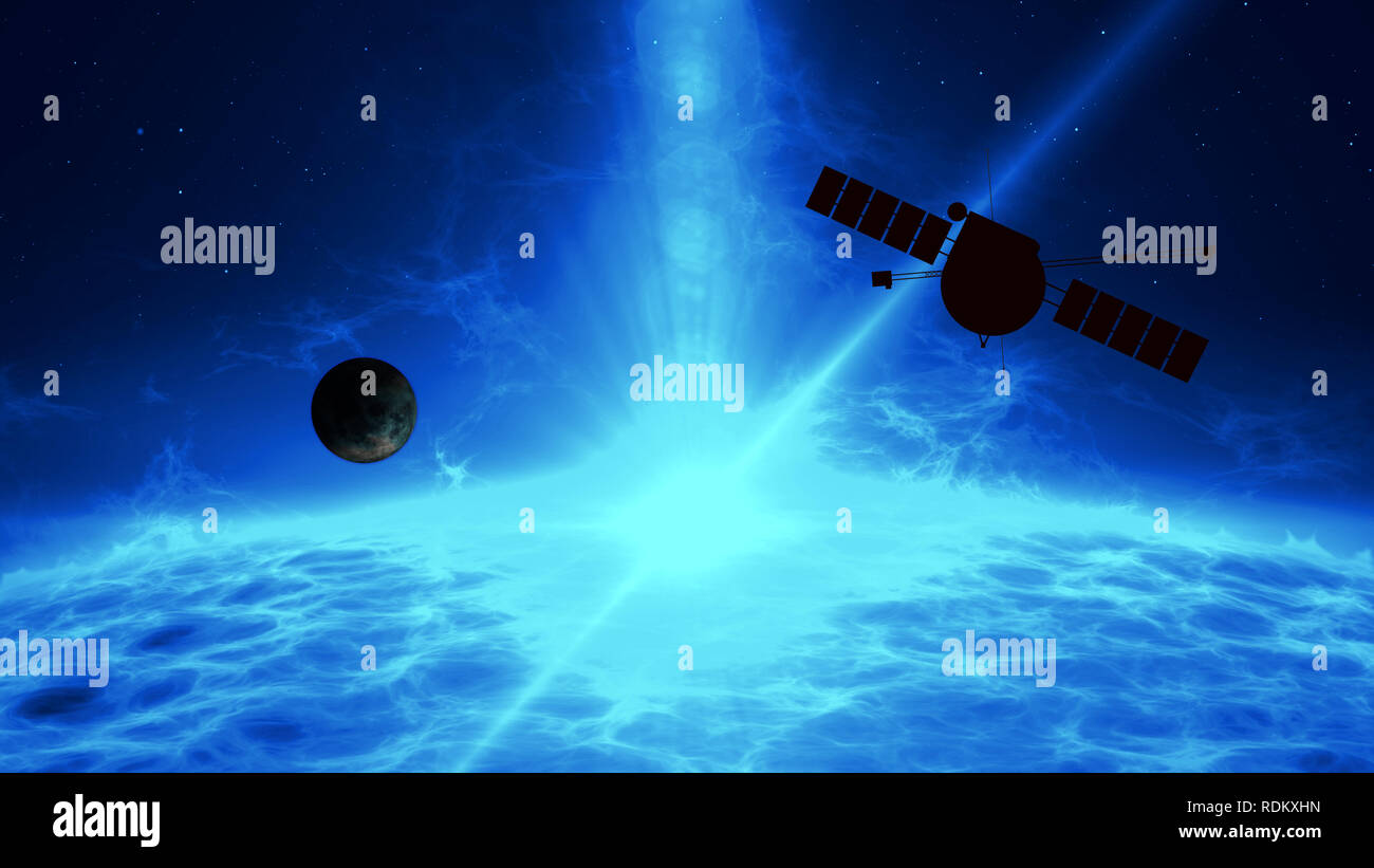 Distant exoplanet exploration by space probe. Flight over large blue ...