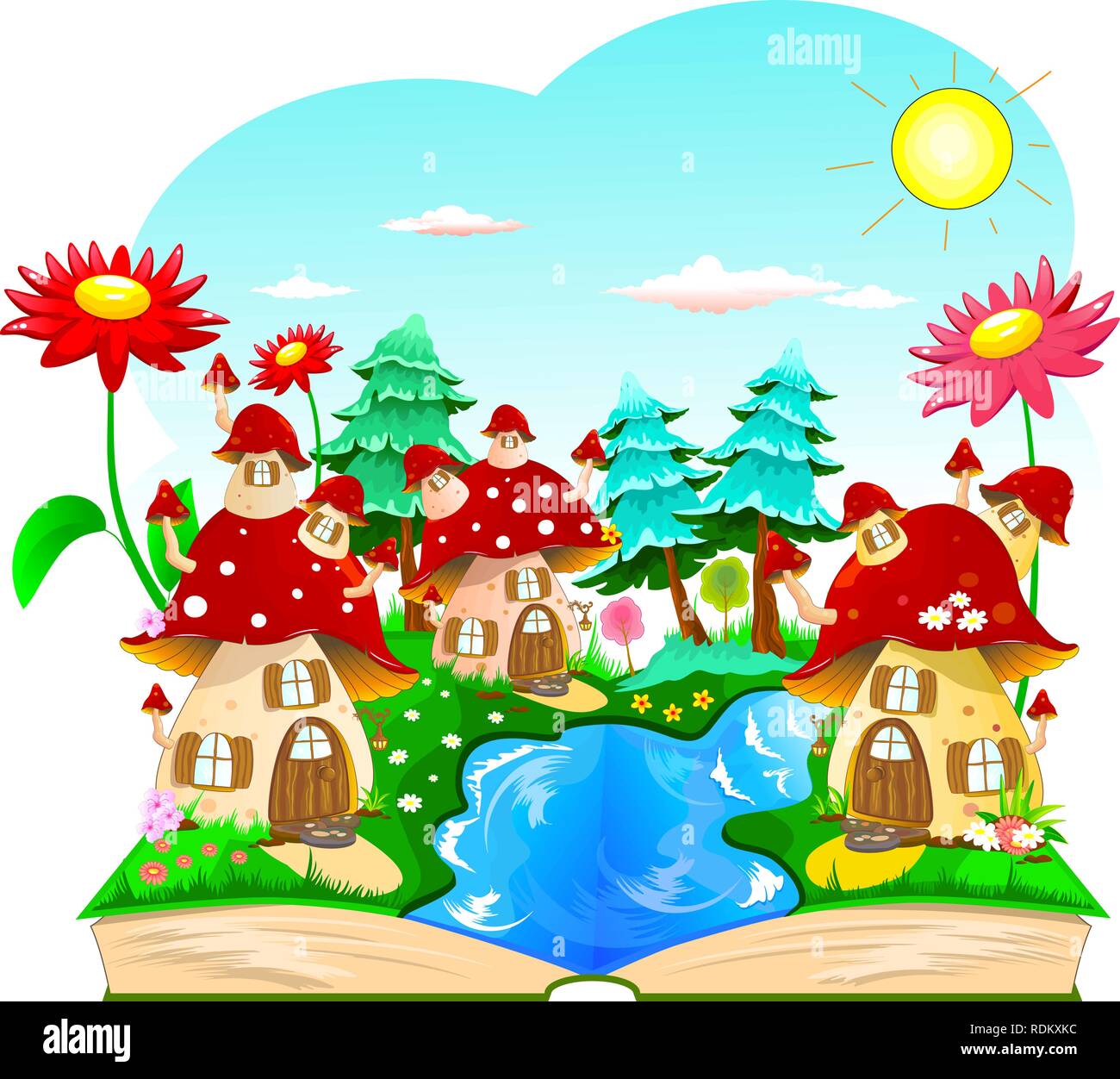 Stylized children's book with a cartoon landscape and houses in the form of mushrooms. Opened book with mushroom houses and landscape. Stock Vector