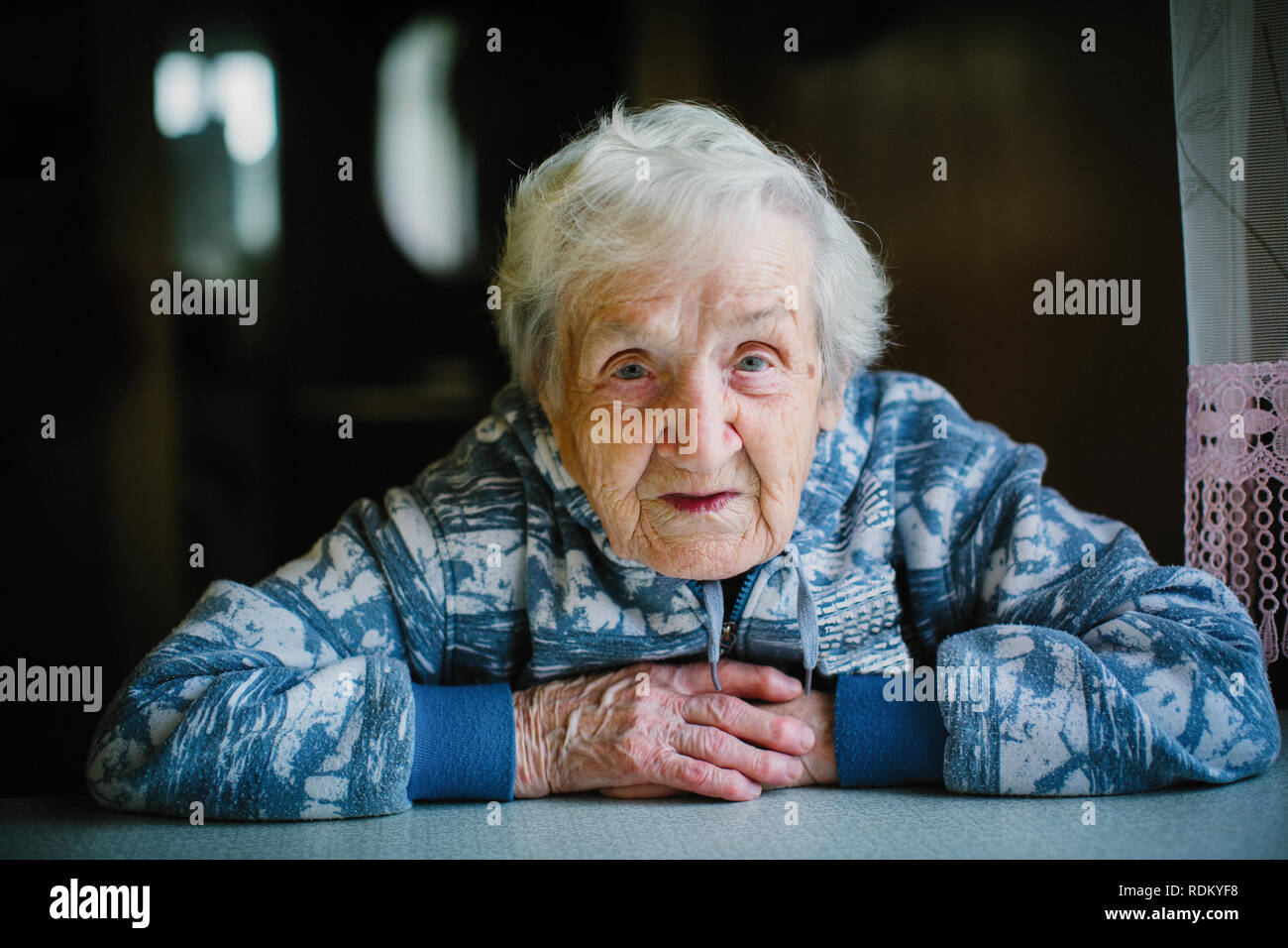 Portrait of elderly 90 years old woman. Stock Photo