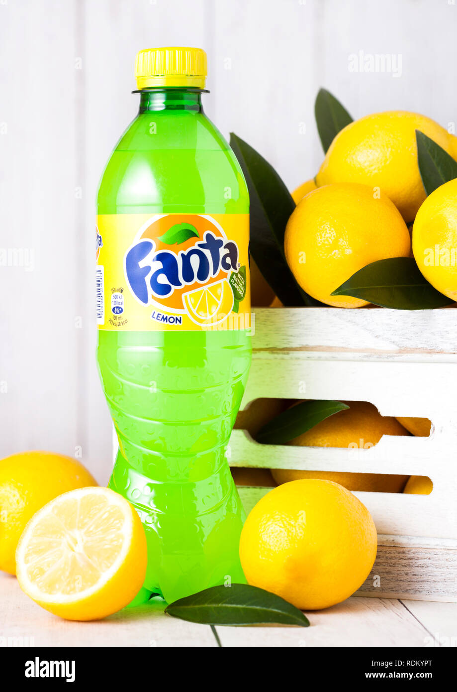 LONDON, UK - JANUARY 15, 2019: Plastic bottle of Fanta Lemon soft drink ...