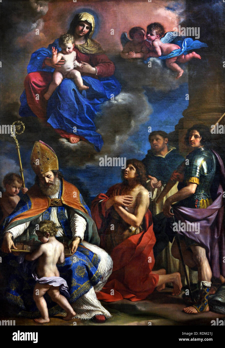Giovanni Francesco BARBIERI, known as THE GUERCHIN, Madonna and Child with four saints (St. Geminian, St. John the Baptist, St. George and St. Peter Martyr), 1651 (GUERCINO) (b. 1591, Cento, d. 1666, Bologna) Virgin and Child with Four Saints France, French, Stock Photo