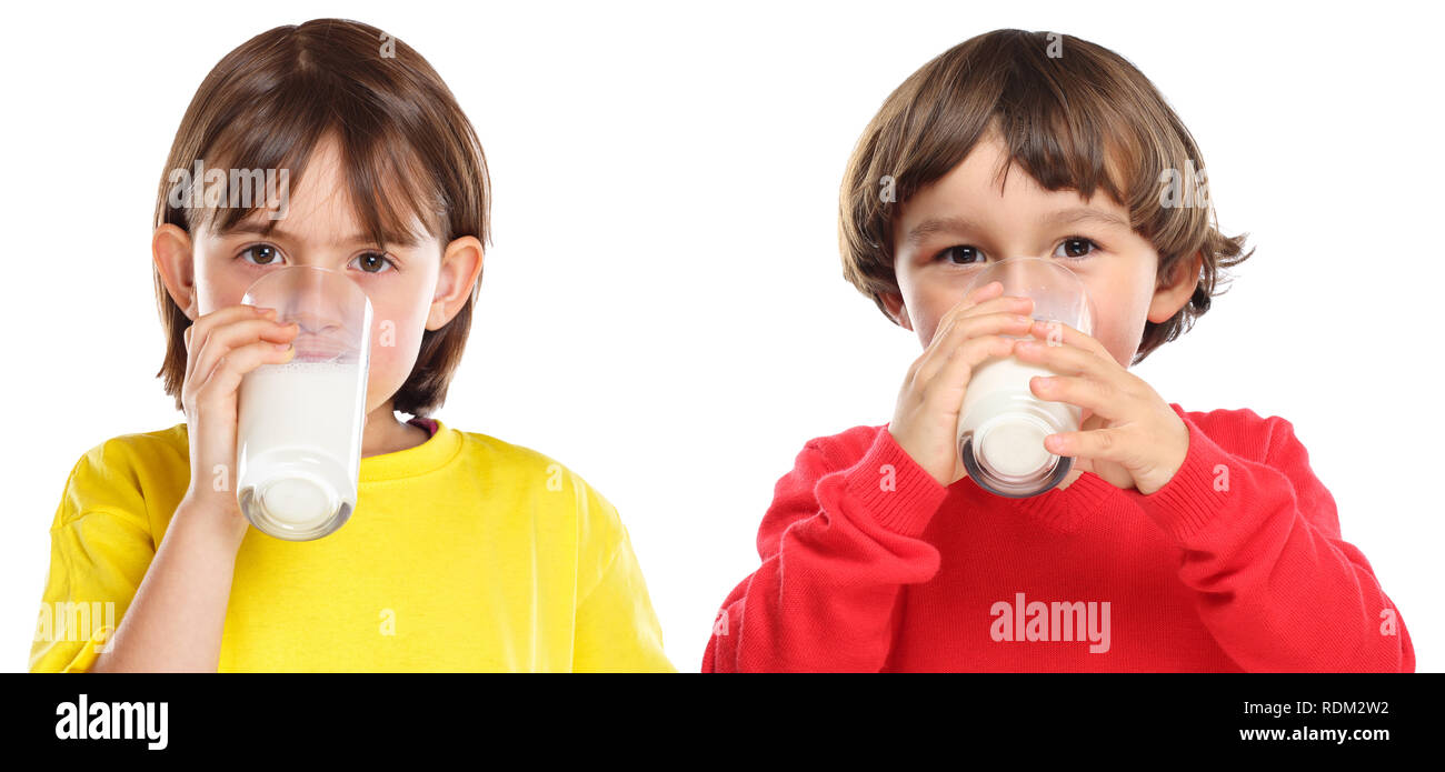 Children kids girl boy drinking milk healthy eating isolated on a white background Stock Photo