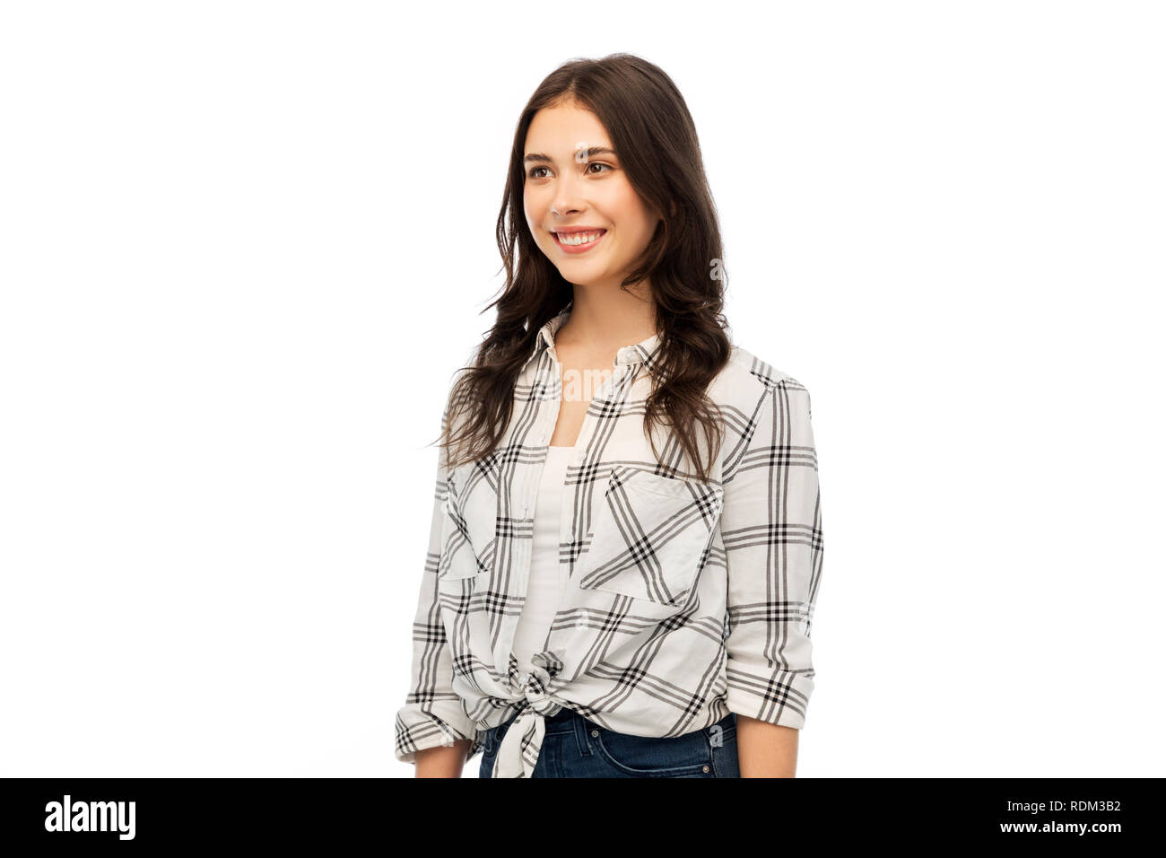 young woman or teenage girl in checkered shirt Stock Photo
