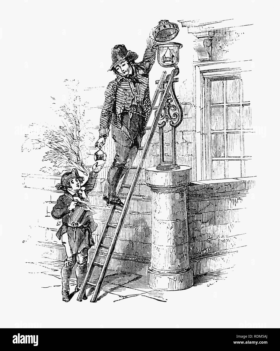 An 18th Century lamplighter and his assistant in London, England. Employed to light and maintain the oil burning street lights lit each evening, In some communities, lamplighters served in a role akin to a town watchman; in others, it may have been seen as little more than a sinecure. By the 19th century however, gas lights became the dominant form of street lighting. Stock Photo