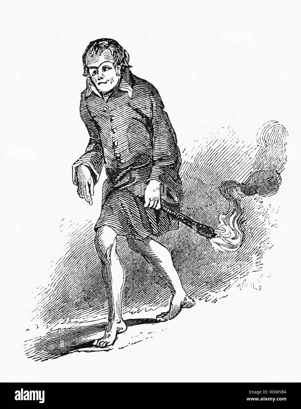 The 18th Century link-boy (or link boy or linkboy) was a boy who carried a flaming torch to light the way for pedestrians at night. Linkboys were common in London in the days before street lighting. The linkboy's fee was commonly one farthing, and the torch was often made from burning pitch and tow. The term derives from "link", a term for the cotton tow that formed the wick of the torch. Stock Photo