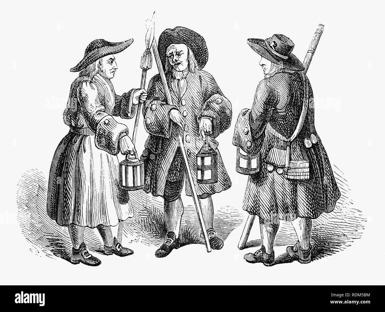 The 18th Century Watchmen were organized groups of men, usually authorized by a state, government, city, or society, to deter criminal activity and provide law enforcement as well as traditionally perform the services of public safety, fire watch, crime prevention, crime detection, recovery of stolen goods. Watchmen have existed since earliest recorded times in various guises throughout the world and were generally succeeded by the emergence of formally organized professional policing. Stock Photo