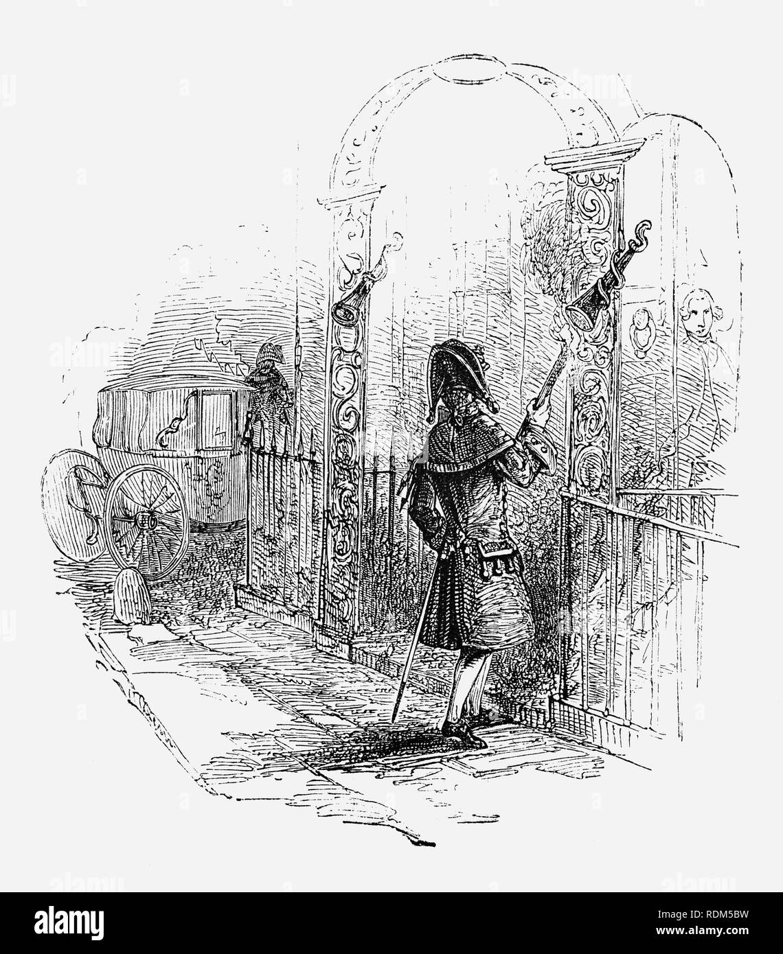 An 18th Century  footman, about to extinguish his flambeau (or torch) in an extinguisher at the side of a residence door, City of London, England Stock Photo