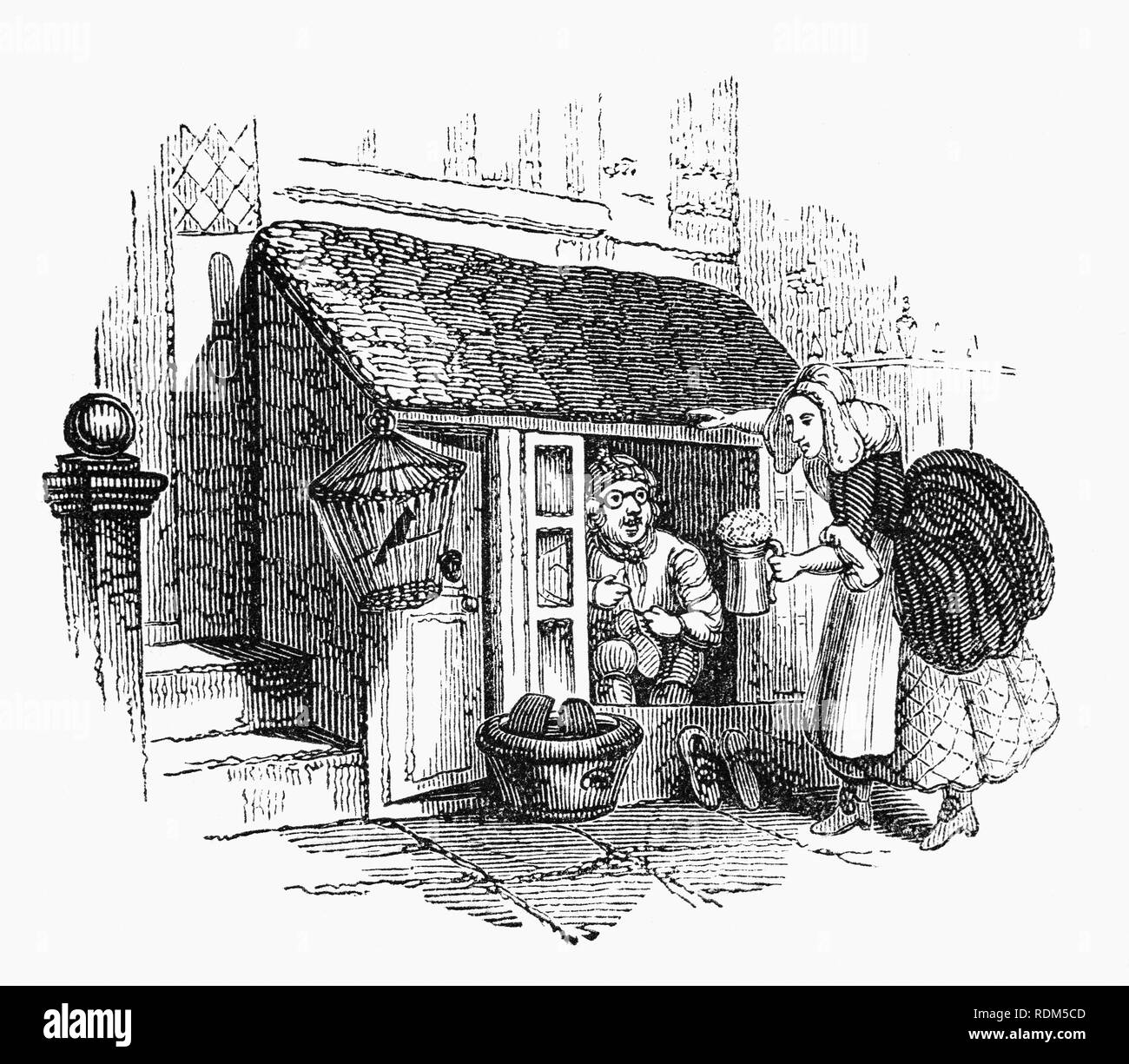 The cobbler's wife offering the cobbler some ale at his stall in in 18th Century London. Cobblers were distinct from Cordwainers (shoe makers), for they only repaired shoes, but over the years, this distinction began to weaken Stock Photo