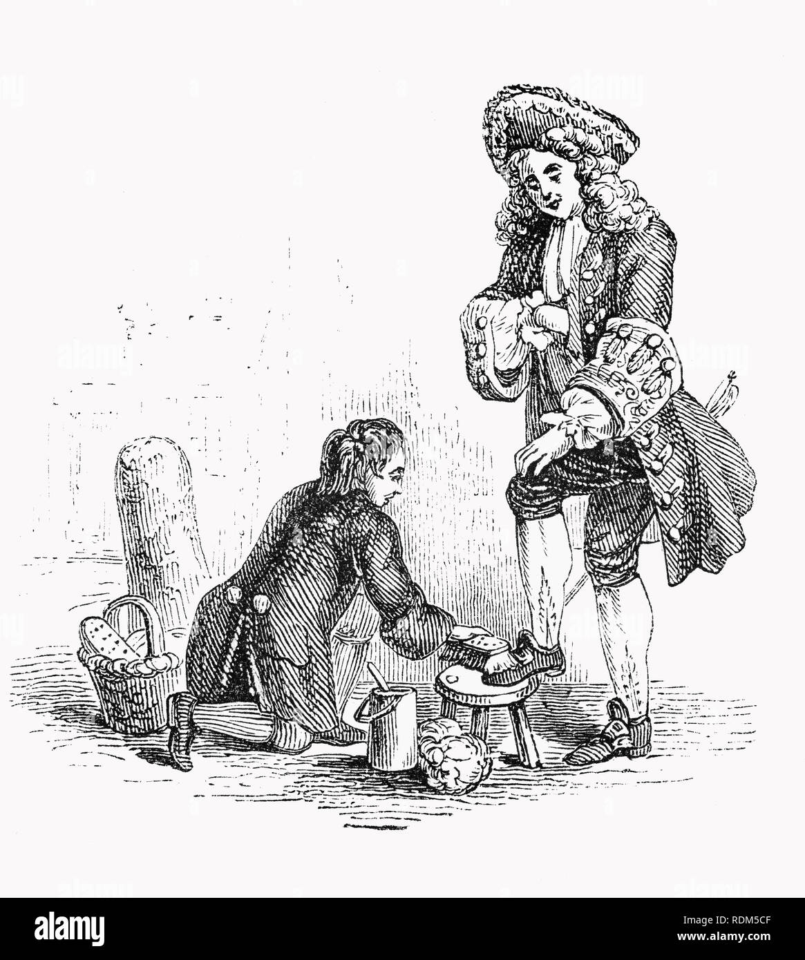 Shoeshiner or boot polisher in 18th Century London, England; an occupation in which a person polishes shoes with shoe polish. They are often known as shoeshine boys because the job is traditionally that of a male child. Other synonyms are bootblack and shoeblack. While the role is denigrated in much of Western civilization, shining shoes is an important source of income for many children and families throughout the world. Stock Photo