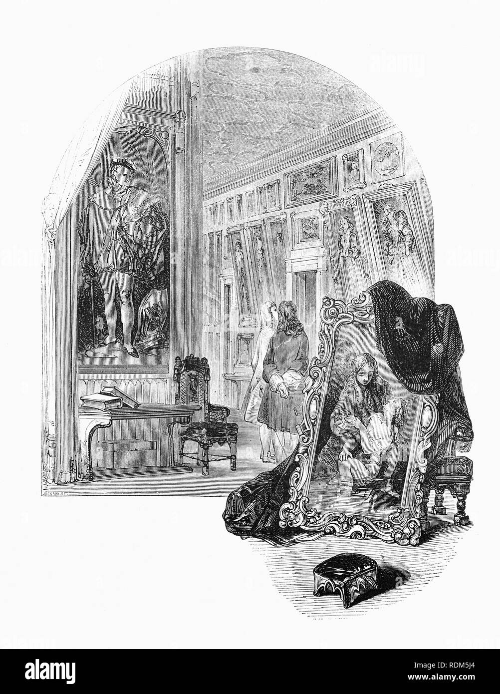 Sir Roger de Coverley, the fictional character, devised by Joseph Addison, who portrayed him as the ostensible author of papers and letters that were published in Addison and Richard Steele’s influential periodical The Spectator. Seen here showing  the 'Spectator',  his ancestors in the picture Gallery, Sir Roger was a baronet of Worcestershire and represented a typical landed country gentleman. He was also a member of the fictitious Spectator Club, and the de Coverley writings included 18th-century English life that were often considered The Spectator’s best feature. Stock Photo