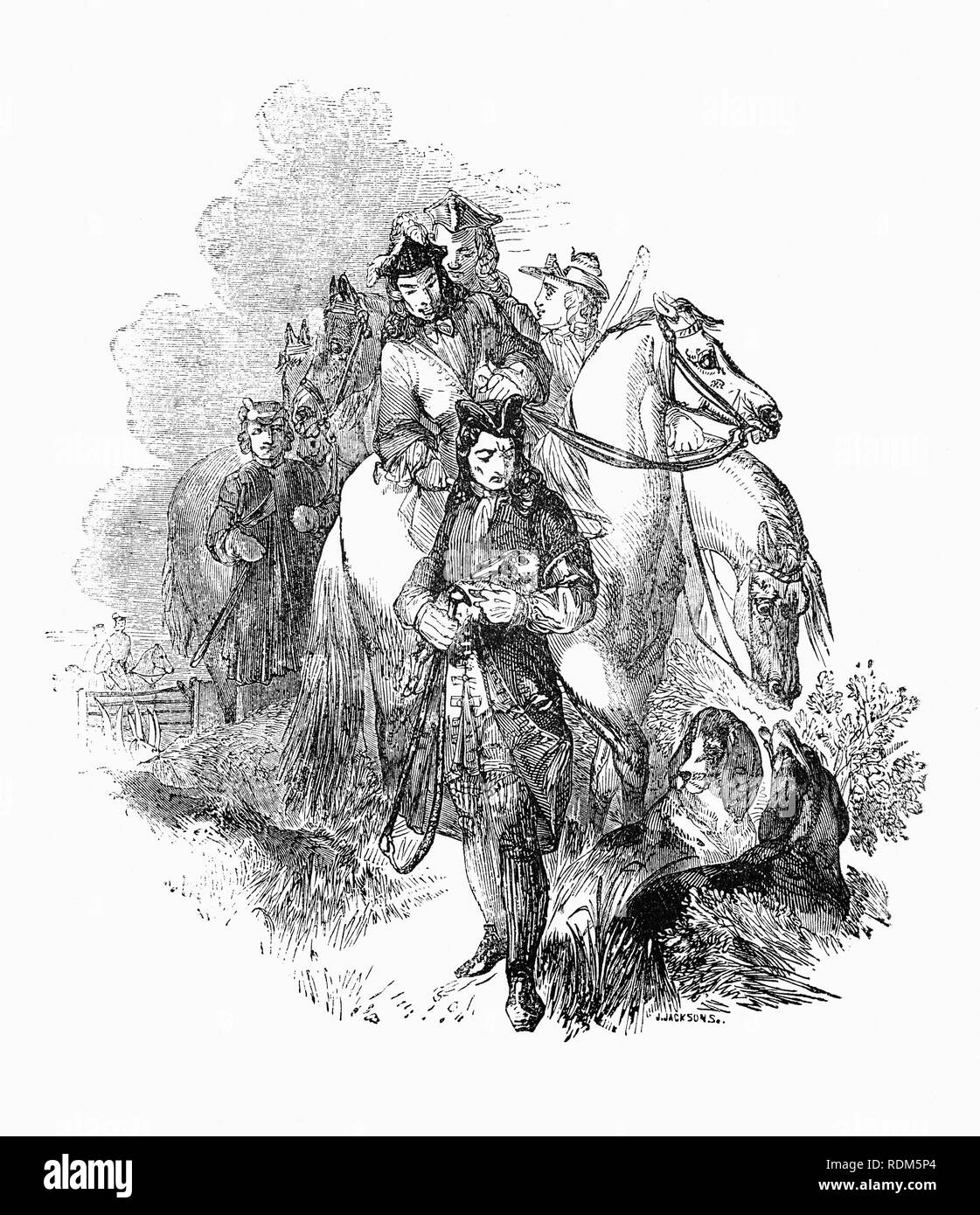 Sir Roger de Coverley, the fictional character, devised by Joseph Addison, who portrayed him as the ostensible author of papers and letters that were published in Addison and Richard Steele’s influential periodical The Spectator.  Sir Roger was a baronet of Worcestershire and was meant to represent a typical landed country gentleman, seen here saving a hare whilst out hunting. He was also a member of the fictitious Spectator Club, and the de Coverley writings included entertaining vignettes of early 18th-century English life that were often considered The Spectator’s best feature. Stock Photo