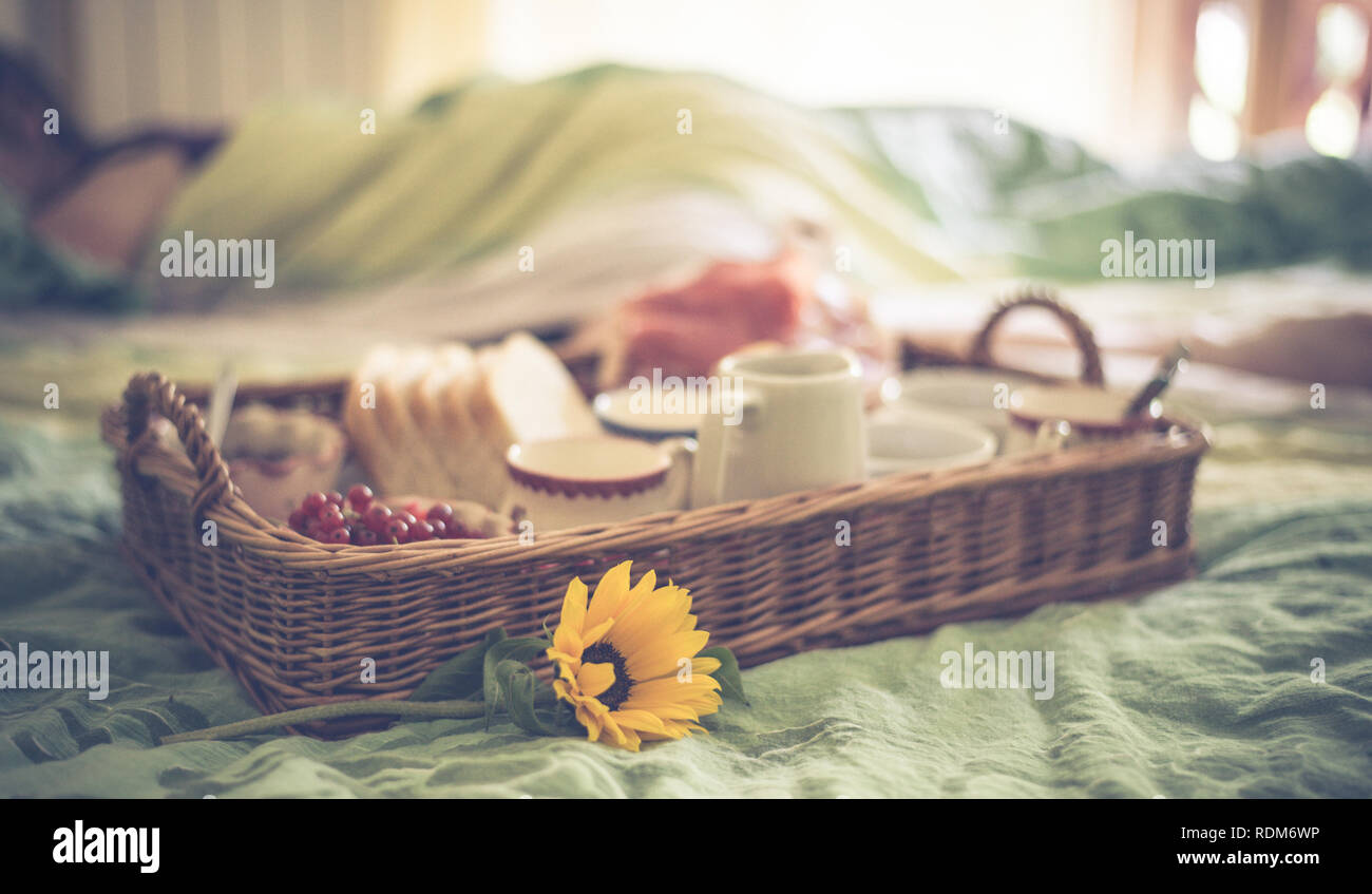 Morning breakfast in bed Stock Photo