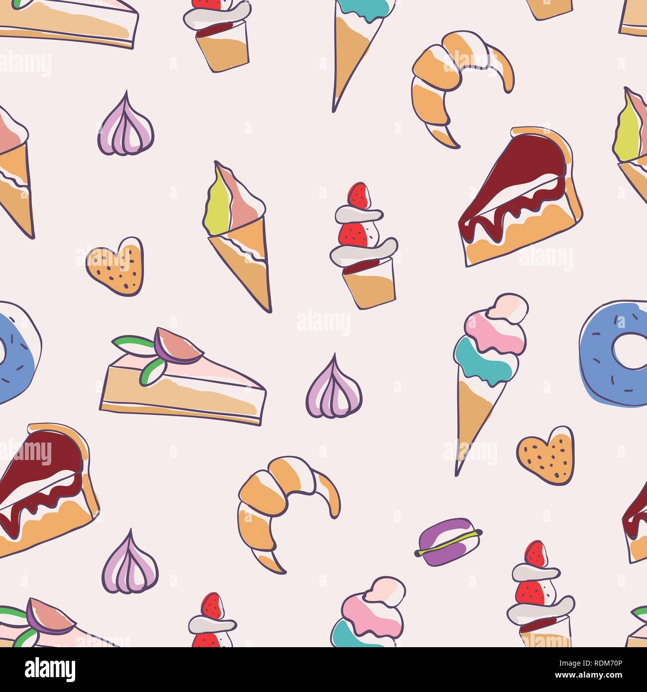 Doodle illustration of desserts and pastries. Seamless pattern with desserts. Hand drawn vector illustration made in cartoon style. Sweets and dessert Stock Vector
