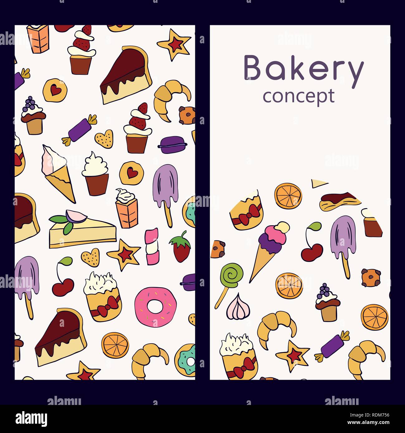Vector logo design template and seamless pattern in doodle style for packaging. Bakery concept. Vector illustration Stock Vector