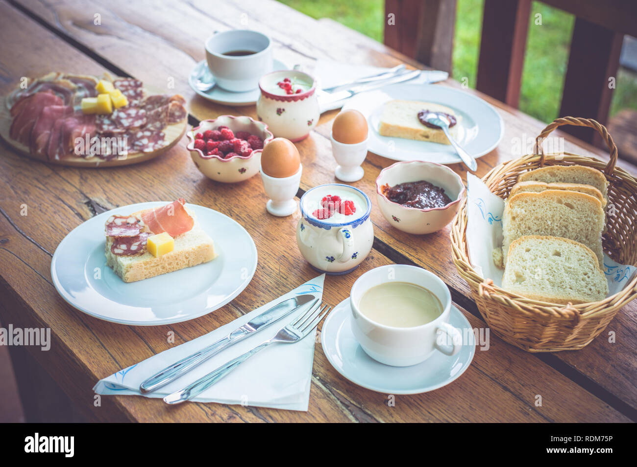 Table full of food, morning breakfast Stock Photo
