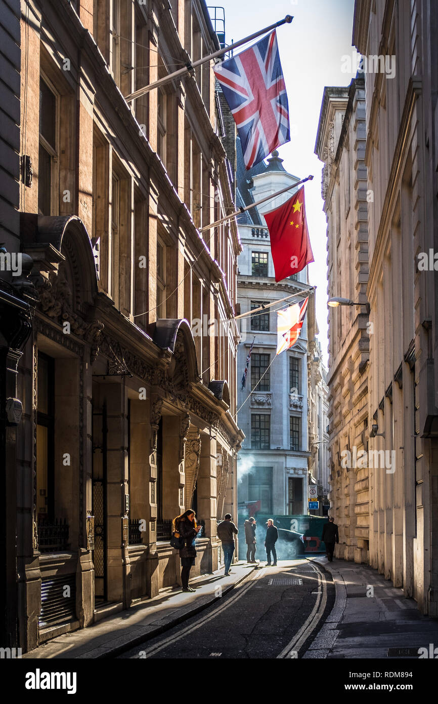 Chinese Flags in the City of London  - Chinese flags mark the growing presence of Chinese Banks in the City of London financial district. Stock Photo