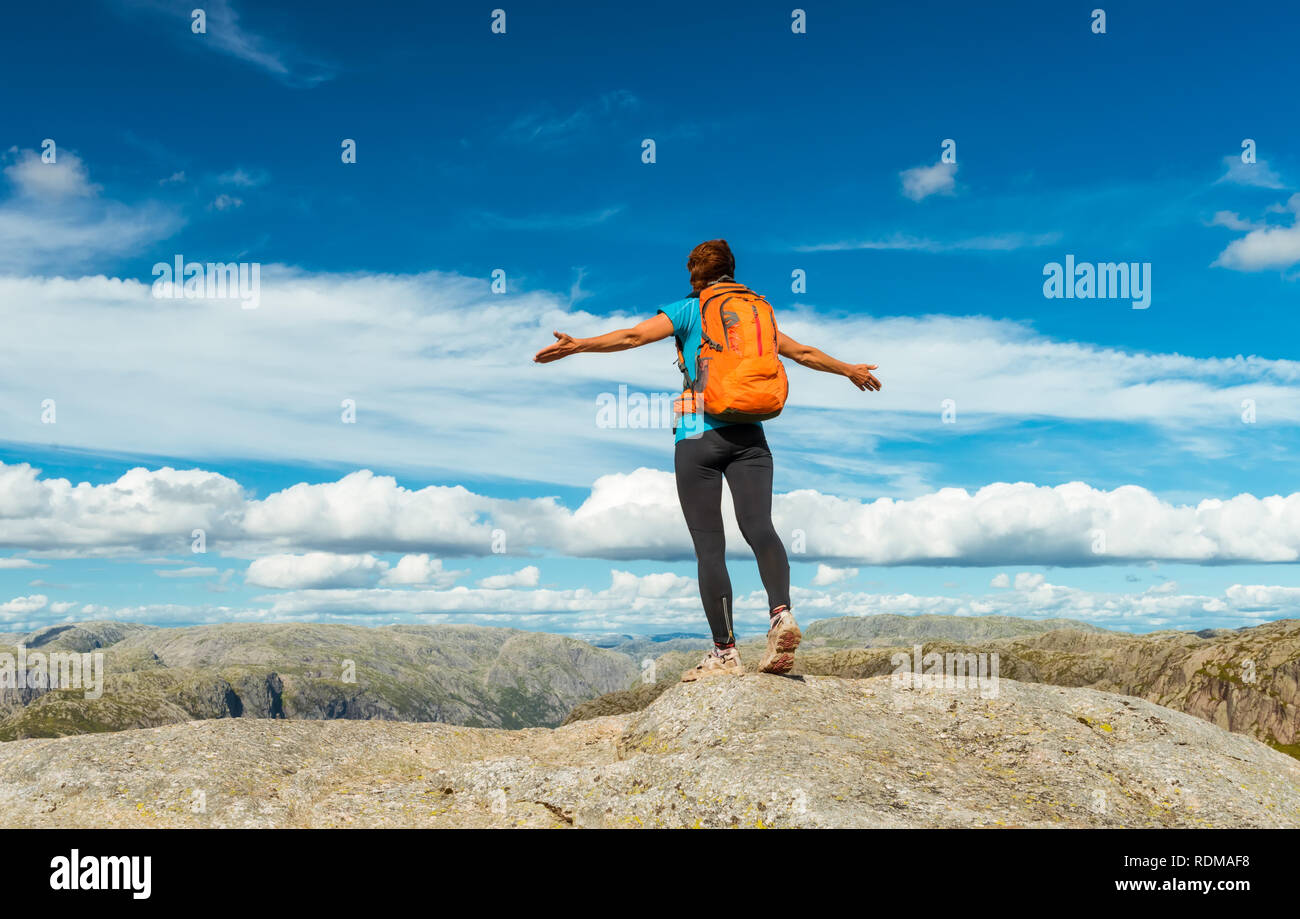 Woman successful hiking silhouette in mountains, motivation and ...