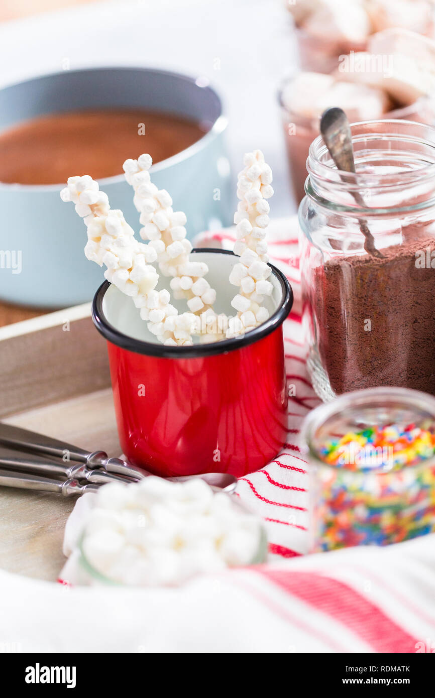 Hot Chocolate Bar With Variety Of Topping On The Tray Stock Photo