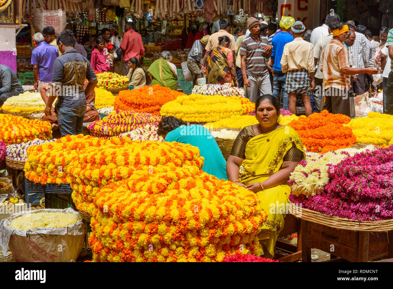 Flower garlands for sale, Krishnarajendra market, Banaglore, Bengaluru, Karnataka, India Stock Photo