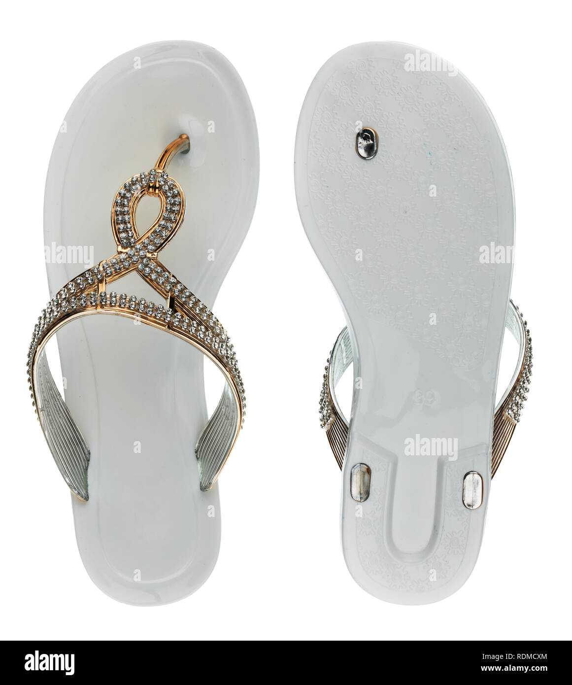 White flip-flops in rhinestones bottom view and top view. Isolated on white background Stock Photo