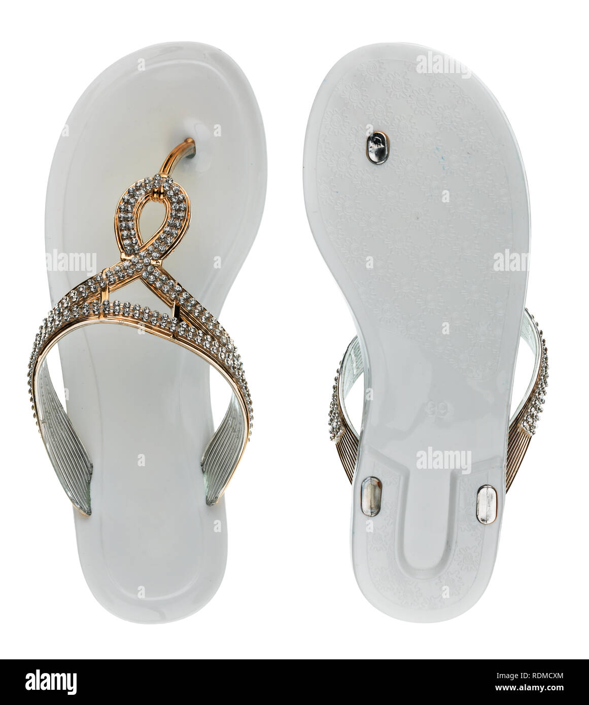 White flip-flops in rhinestones bottom view and top view. Isolated on