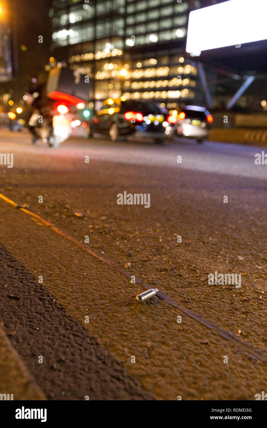 Nitrous oxide cannisters abandoned at Old Street Roundabout London