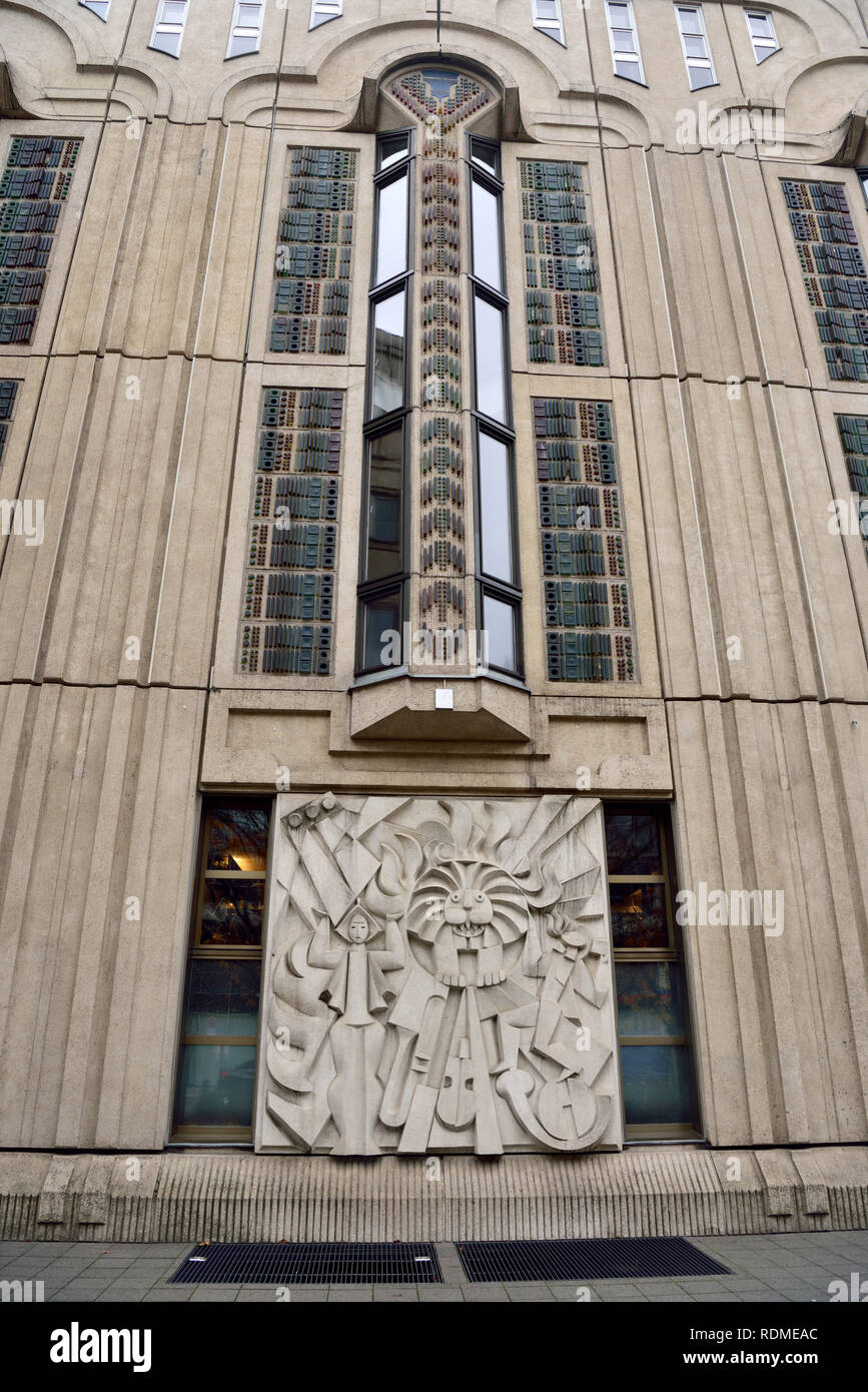 Berlin Germany - November 12, 2018. Architectural detail of New Friedrichstadt-Palast building in Berlin, with relief sculpture by Emilia N. Bayer and Stock Photo
