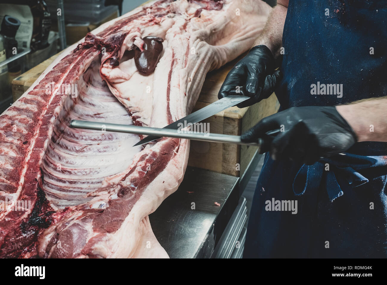 Close up of butcher wearing black rubber gloves working on a pig carcass on butcher's block, sharpening knife. Stock Photo