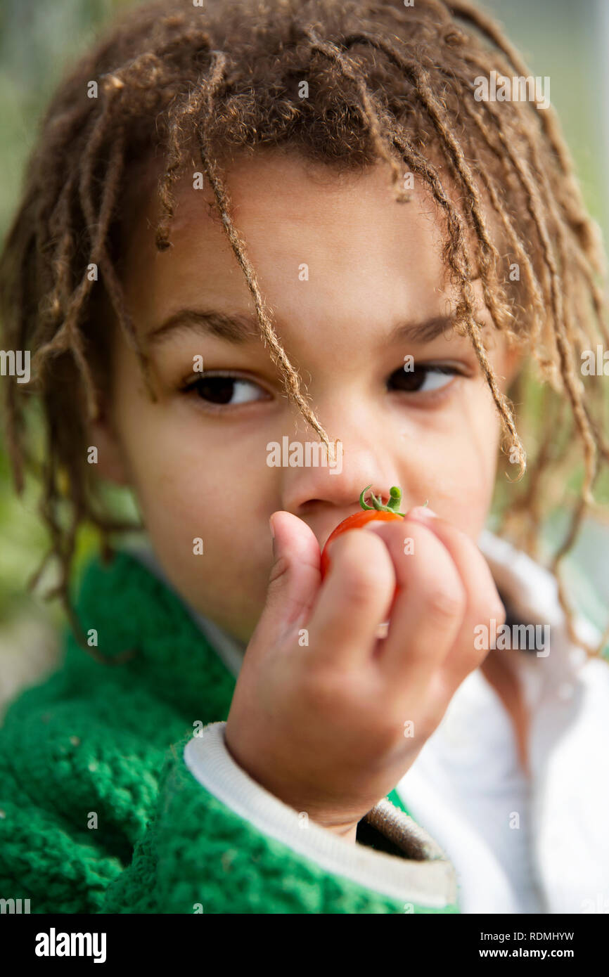 Girl smelling fresh tomato Stock Photo
