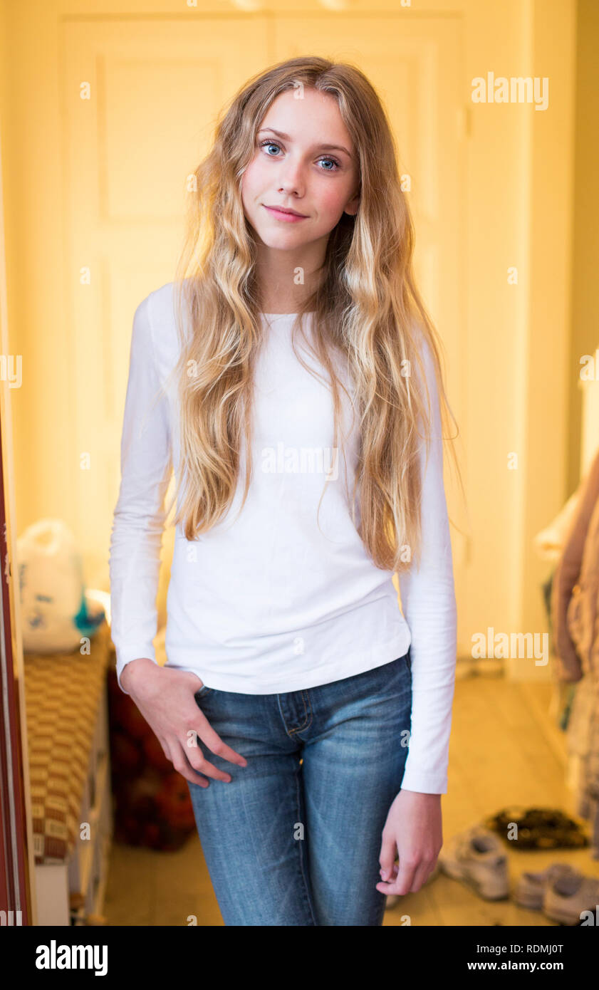 Teen girl in jeans stock photo. Image of hair, human - 66106634