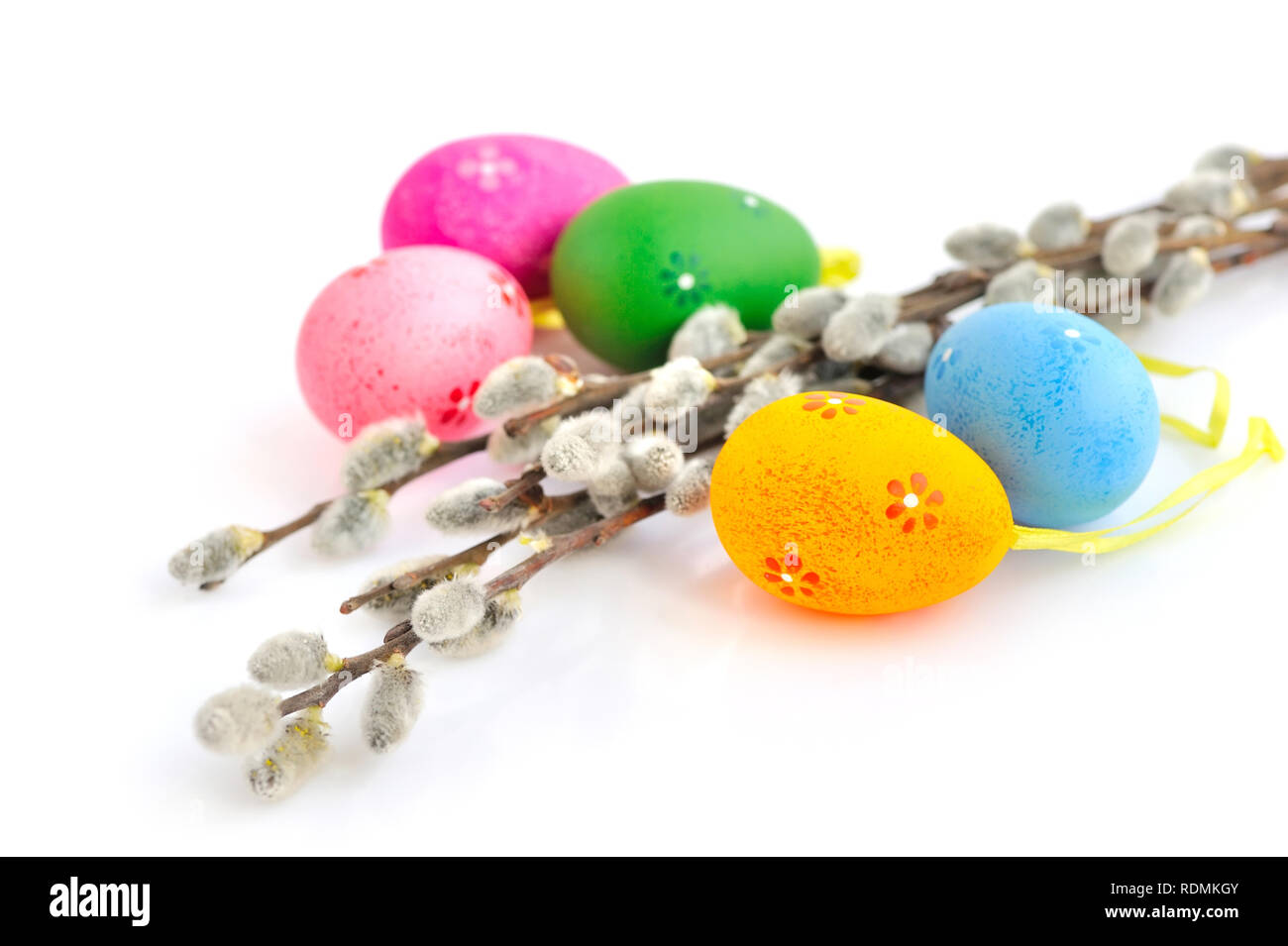 Colorful easter eggs and branches of willow on white background Stock ...