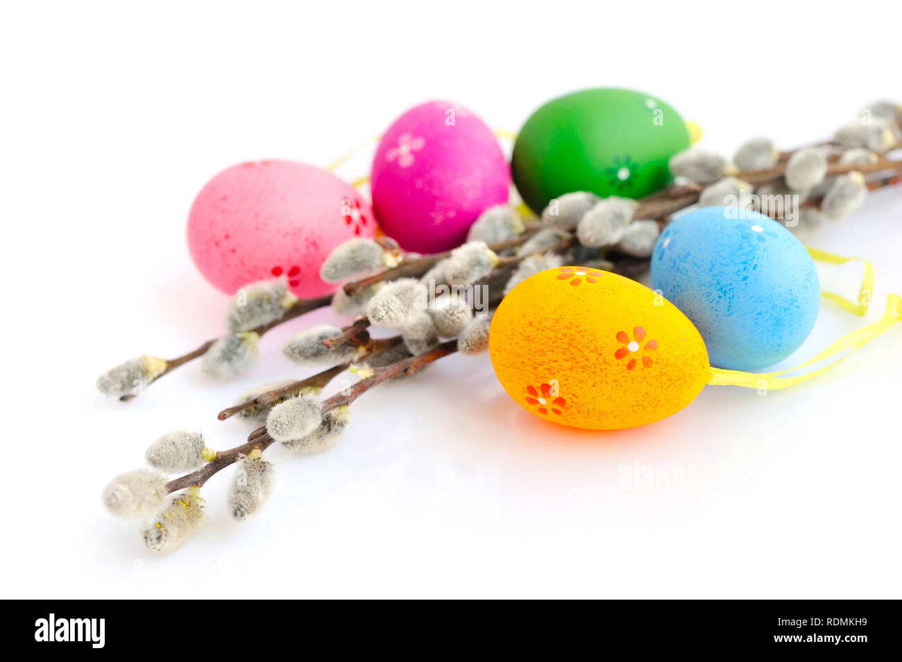 Colorful easter eggs and branches of willow on white background Stock ...
