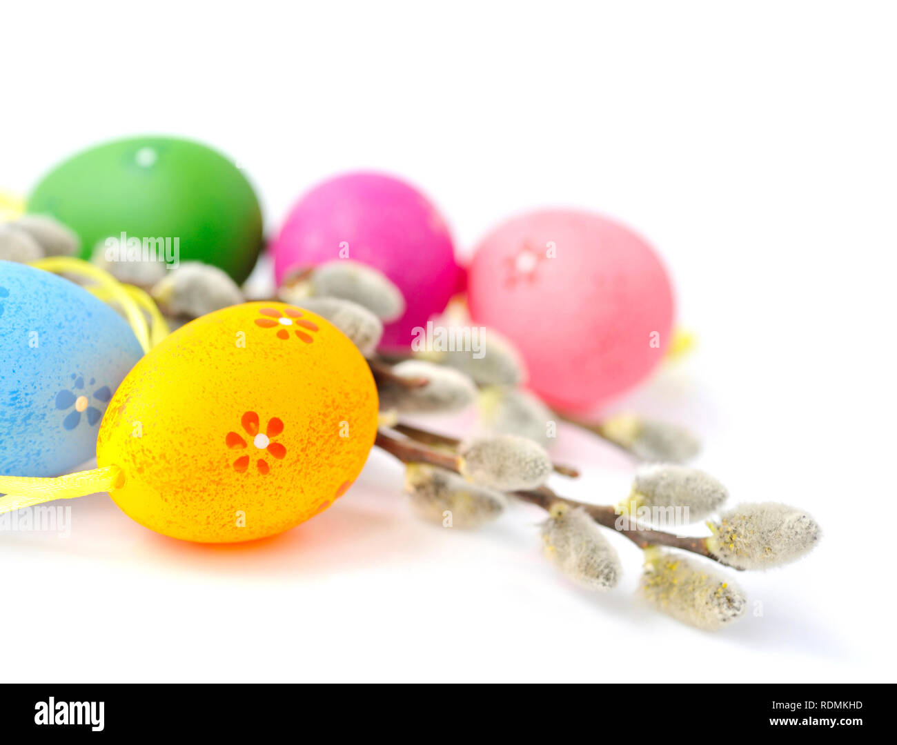 Colorful easter eggs and branches of willow on white background Stock ...